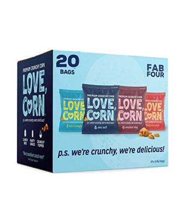 LOVE CORN  Sea Salt Smoked BBQ Salt & Vinegar Habanero Delicious Crunchy Corn  Healthy Super Bowl Snack  Fan Favorites Variety Pack  0.7oz 20 bags (5 bags all flavors)  Low-Sugar Gluten-Free Plant Based Non-GMO