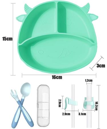 Non-Slip Silicone Baby Suction Plate Set with Divided Placemat - Green | Includes Bendable Fork & Spoon | Toddler Feeding Plate for Self Feeding Training - Buy Online on SooperMarket.com