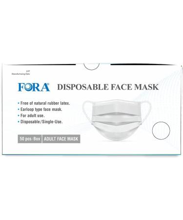 FORA Disposable Face Masks - Soft, Breathable 3-ply Protective PPE Masks for Adults - Nose Clip & Elastic Earloop - 50pcs - Buy Online on SooperMarket.com