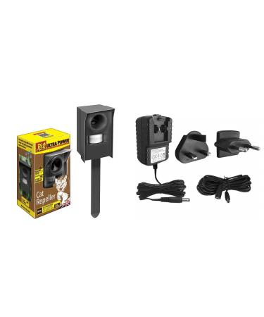 Defenders STV606 Mega-Sonic Cat Repeller Motion-Activated Cat Repellent & STV612 9 V Universal Mains Adaptor Extension Cable for Use with Mega-Sonic Cat Repellers Black One Size + STV612 9 V Mains Adaptor