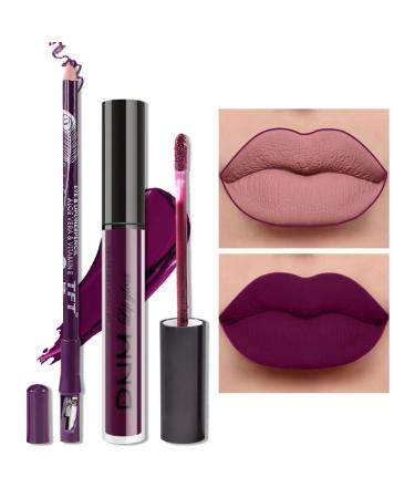 evpct 2Pcs Purple Plum Matte 24-hour Liquid Lipstick and Lip Liner Pencil Makeup Set Women DNM Dark Red Bright Berry Liquid Lipstick Matte Lip Tint 24H and with Lip Liner Set Waterproof Long Lasting 1 0.21 Fl Oz (Pack of...