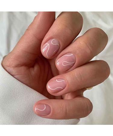 RikView Pink Press on Nails Short Fake Nails Square Acrylic Nails with Swirls Design Clear Nails