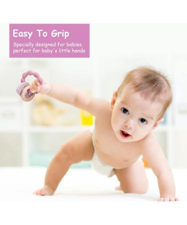 Vicloon Baby Teething Toy - Silicone & Wood Teether Chew Toy for Boys & Girls (Pink-Purple) | Easy to Hold & Clean Up - Buy Online on SooperMarket.com
