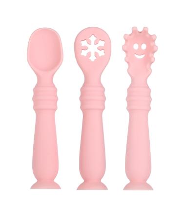 Vicloon Baby Fork and Spoon Set 3Pcs Silicone Spoon Baby Weaning Spoon Set Self Feeding Utensil Easy Grip Toddler Cutlery Kit Soft Baby Spoon for Infant Toddler Children First Led Training Weaning Pink