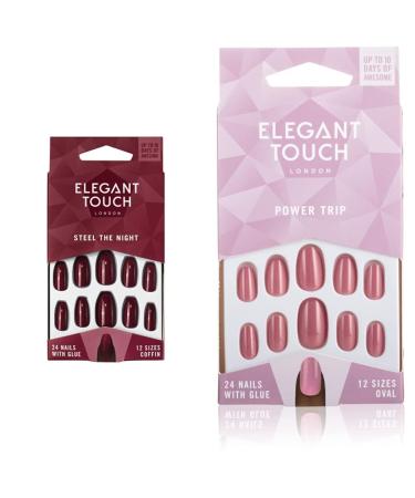 Elegant Touch Colour False Nails Steel the Night Oval Shape (previously known as After Dark) 24 Nails with Glue included & Colour Nails - Power Trip - Shimmer Dusky Rose - Oval Shape Variety Pack + Shimmer Dusky Rose