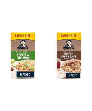 QUAKER Apples & Cinnamon Family Pack Instant Oatmeal (18 Packets x 33 g) 594g with Maple & Brown Sugar Family Pack Instant Oatmeal (18 Packets x 43 g) 774g