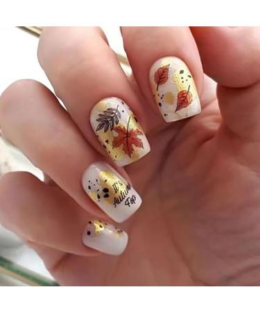 Fall Nails Press on Nails Short Square Fake Nails Thanksgiving Acrylic Nails with Fall Leaf Design Autumn Maple Leaf Decoration Gold Glossy Thanksgiving False Nails Stick on Nails for Women Girls Thanksgiving 3