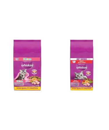 WHISKAS Dry Kitten Food with Real Chicken 1.5 kg bag & Meaty Selections Dry Cat Food with Real Chicken 2kg bag