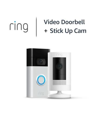 Ring Video Doorbell (2nd Gen) + Ring Outdoor Camera (Stick up Cam) by Amazon | Wireless Video Doorbell Security Camera with 1080p HD Video battery-powered Wifi easy installation Satin Nickel + Ring Outdoor Cam