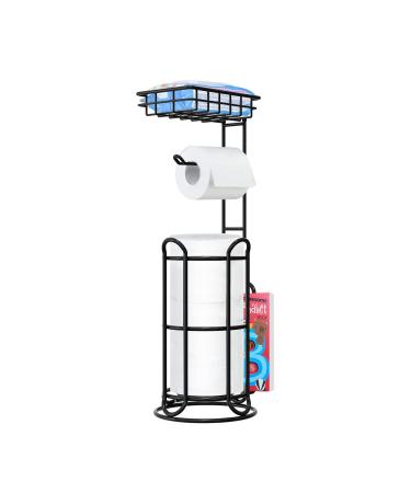 Upgrade Toilet Paper Holder Stand with Shelf Tissue Holders for Bathroom Free Standing Bath Tissue Roll Holder Magazine Rack for Mega Rolls/Phone/Wipe-Black X-black