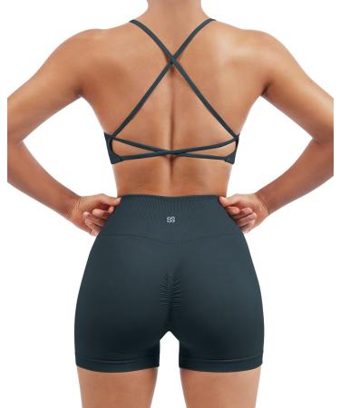 SUUKSESS Women Seamless Workout Sets Strappy Sports Bra High Waist Booty Shorts Outfits 2-4 #1deep Green