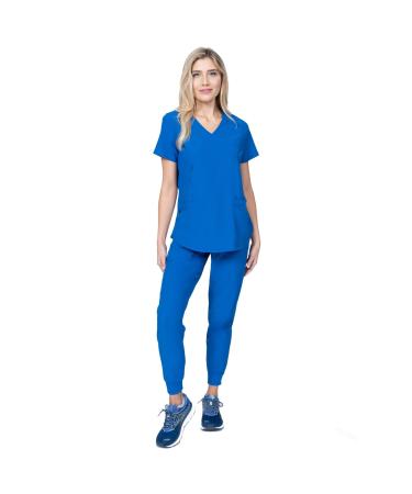 Womens Scrub Set Mock Wrap & Jogger Pants 7 Pocket 4-Way Stretch for Nurse Dentist Elements Select ES2956 Medium Royal