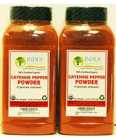 Indus Organics Cayenne Pepper Powder (60,000 SHU), 1 Lb (X2 of Jars), Steam Sterilized, Premium Grade, High Purity, Freshly Packed 1 Lb Powder (1x2) 60,000 SHU