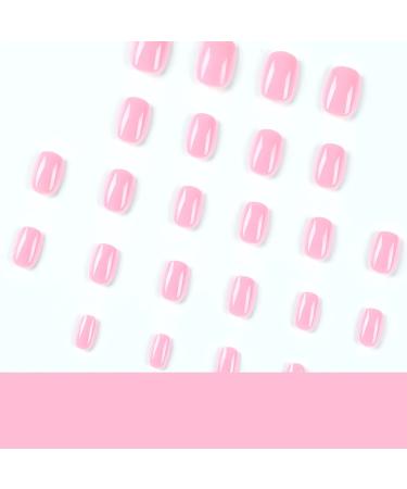 Rose Pink Square Press-on Nails - Full Cover Short Fake Nails for Women & Girls | Glossy Acrylic Design - Barbie Powder - Manicure Art Decor - Buy Online on SooperMarket.com