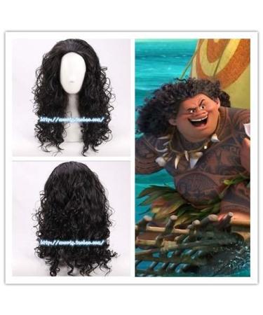Halloween mens Moana Prince Maui Black Fluffy Long Hair Cosplay Curly Wig with Hair net Maui wavy hair