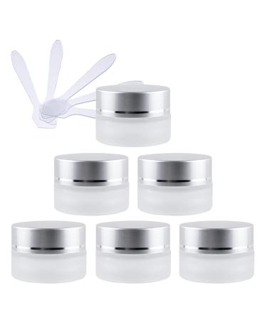 Zeoabsy 6 pieces empty matt transparent glass cream cans 5ml with matt silver lid clear glass screw lid glass handle screw box glass dose of ointment puts cosmetics can for gels creams + 6x spatula