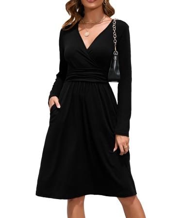 OUGES Women's Spring Casual Midi Dress Long Sleeve V-Neck Floral Ladies Wrap Dress with Pockets XL Black