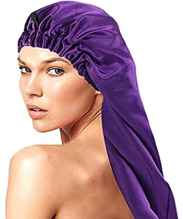 Shop Ladaypoa Long Satin Hair Hood - 2 Piece Silky Sleeping Cap for Curly Hair Protection | Extra Big Size Black & Purple - Buy Online on SooperMarket.com
