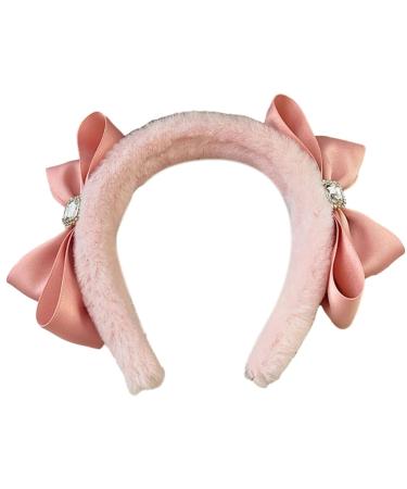 JSGHGDF Sweet Ballet Bowknot Plush Headband for Women Girls Furry Princess Hair Hoop Elegant Hair Styling Tool Pink