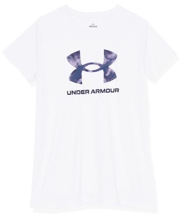 Under Armour Girls' Tech Print Big Logo Short Sleeve Crew (100) White / Nebula Purple / Sonar Blue Small