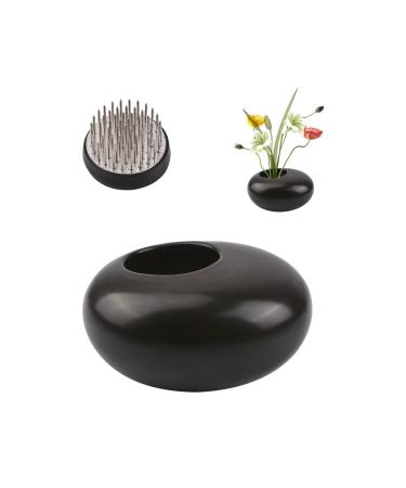WANDIC Flower Arranging Supplies  Round Flower Frog & Ceramic Flower Pot Shiny Black Pebble Flower Arrangement Pot for Ikebana Floral Art Home Office Decoration Glossy