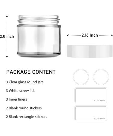 2 oz Glass Jars with Lids - 3 Pack Clear Small Jar with White Lids, Labels, Liners - 60 ml Cosmetic Containers for Sample, Powder, Cream, Spice - Buy Online on SooperMarket.com