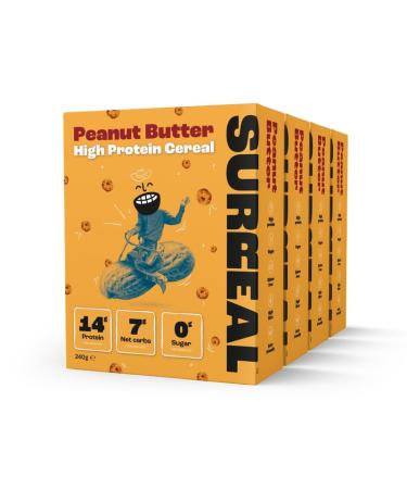 Surreal Peanut - High Protein Cereal - Low Sugar- Healthy Plant Based Cereal - High in Fibre - Low Carb - Gluten Free - Vegan - 13g of Protein 0g of Sugar - 240g per Box - 4 Pack (4 x Peanut)