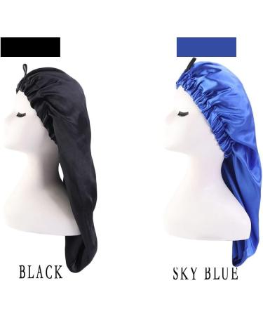 LadayPoa 2 Pcs Long Satin Sleep Cap for Women - Black+Blue | Silky Bonnet for Curly Hair Protection - Buy Online on SooperMarket.com