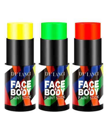 Neon Face Body Paint Sticks Kits Glow in the Dark DE LANCI Pro Blacklight Reactive Glow Paint for Adult Kids Oil Foundation Makeup Blendable Sticks Glow in The Dark Paint Neon Party Supplies Yellow Red Green
