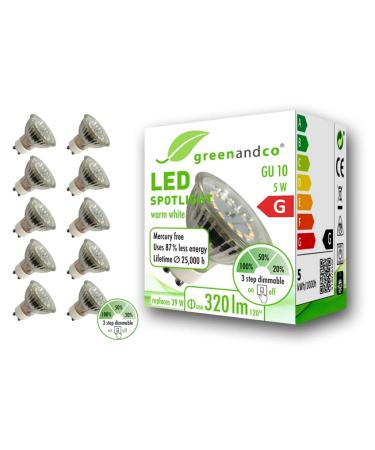 Greenandco 10x CRI 90+ GU10 LED spot dimmable without dimmer 5W 320 lm 110 3000K warm white 230V flicker -free 2 years guarantee 5W 3000K 110 dimmable in levels 10 pieces (1 Pack)