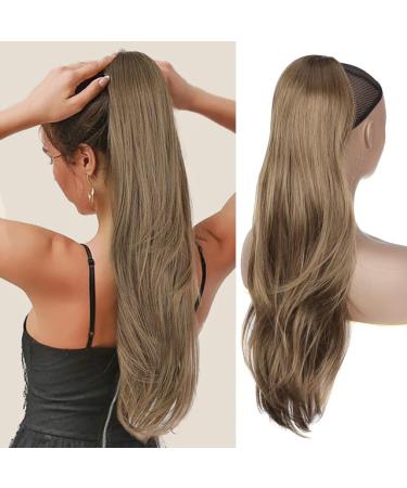 PORSMEER 26 Inch Natural Curly Ponytail Extension Drawstring Ponytail Hair Extensions Brown Long Natural Straight Wavy End Synthetic Hairpiece for Women Girls Daily Use/Party Brown-8/26#