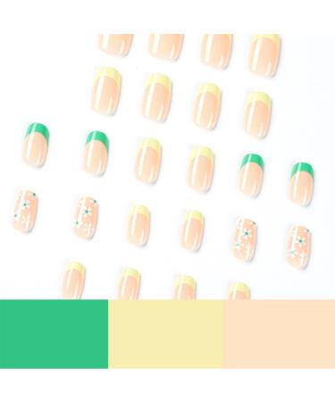 French Tip Press On Nails Short with White Flower Design | Yellow Green French False Nails | Spring Acrylic Stick On Nails for Women - Buy Online on SooperMarket.com
