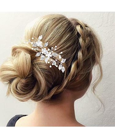 Jeweky Bride Wedding Hair Vine Crystal Headpieces Bridal Pearl Headband Flowers Hair Accessories Jewelry for Women and Girls (Silver)