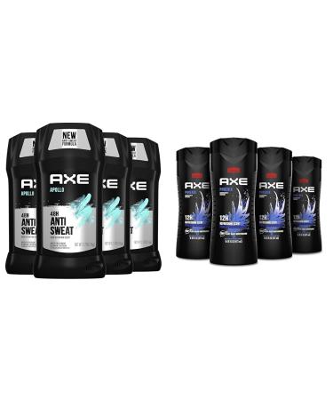 AXE Apollo Antiperspirant Deodorant Stick For Men Sage & Cedarwood 48 Hr Anti Sweat Mens Deodorant & Body Wash Phoenix 4 Count 12h Refreshing Scent Crushed Mint & Rosemary Men's Body Wash