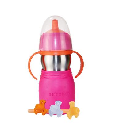 Kid Basix Safe Sippy 2 | Stainless Steel Cup for Babies/Toddlers | Convertible Sippy or Straw | Dishwasher Safe | 11 Oz. | Bpa Free | Pink Fuchsia/Pink