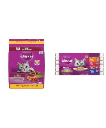 WHISKAS Adult Dry Cat Food - Beef Selections Flavour 9.1kg Bag & Perfect Portions Adult Wet Cat Food - Chicken Beef Whitefish and Tuna Salmon 75g Trays (24 Pack)