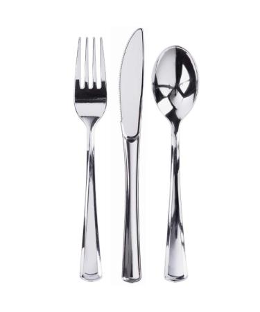 300 Plastic Silverware Set, Silver Plastic Cutlery Set, Disposable Silverware Set | 100 Plastic Forks, 100 Plastic Spoons, 100 Plastic Knives | Heavy Duty Bulk Disposable Flatware Plastic Utensils Set Silver (300ct)