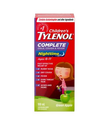 TYLENOL Children s Complete Cold Cough & Fever Suspension Liquid Nighttime Relieves Cough Cold & Fever symptoms 100mL Green Apple Flavour For ages 6-11yrs