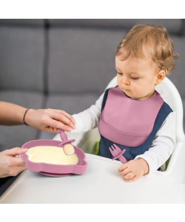 Vicloon Baby Weaning Set - 4 Pcs Silicone Feeding Set | BPA Free Suction Plate, Bib, Spoon & Fork | Toddlers & Kids Plates | Pink Bear Design - Buy Online on SooperMarket.com