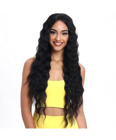 Joedir Lace Front Wigs 30'' Long Wavy Synthetic Wig 4.5 Deep Part HD Transparent Lace For Women 130% Density Wigs(BLACK COLOR) 30 Inch (Pack of 1) natural black