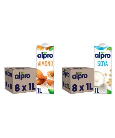 Alpro Almond Plant-Based Long Life Drink Vegan & Dairy Free 1L (Pack of 8) & Soya Plant-Based Long Life Drink Vegan & Dairy Free 1L (Pack of 8) + Plant-Based Long Life Drink