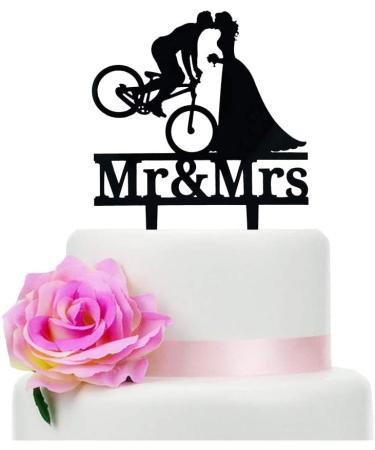 Bicycle Kissing Bride and Groom Wedding Cake Topper Black Acrylic Mr & Mrs Wedding Cake Topper Funny Wedding Cake Topper Bridal Shower Cake Topper
