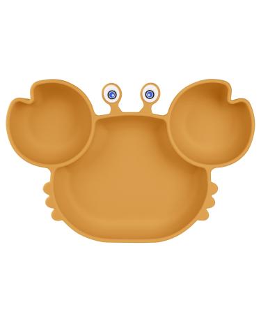 Vicloon Baby Suction Plate Baby Plate Silicone Suction Toddler Plates Self Feeding Training Divided Plate Non Slip Silicone Baby Weaning Plate for Most Highchairs Trays (Brown-Yellow)