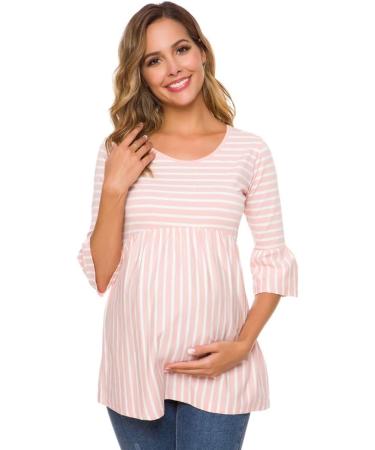 Love2Mi Women Maternity Blouse XL Pink Stripe | Pregnancy Shirt 3/4 Bell-Sleeve | Striped Maternity Clothes - Buy Online on SooperMarket.com