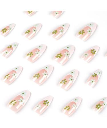 24PCS Medium Almond Glossy Flower Press On Nails - Green & White Spring Nail Decoration - Fake Nails with Glue - Women's Manicure - Buy Online on SooperMarket.com