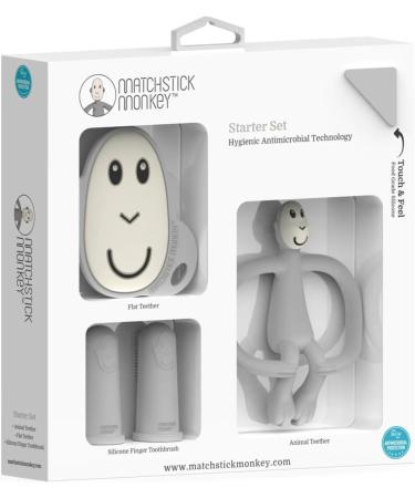 Matchstick Monkey Antimicrobial Teething Starter Set - Flat Face & Animal Teethers, Silicone Finger Toothbrushes - Grey Monkey Set for Babies 3 Months - Buy Online on SooperMarket.com