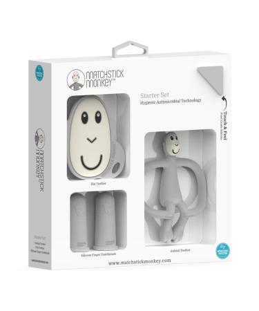 Matchstick Monkey Antimicrobial Teething Starter Set - 1 Flat Face Teether 1 Animal Teether 2 Silicone Finger Toothbrushes 3 Months Old+ Grey Monkey Grey Monkey Set 3 Months Old+