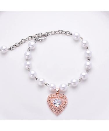 Rayminsino pet necklace with cardiac and cat pearls and shiny gemstones pearl-street collar for small cats and dogs wedding jewelry M rose gold
