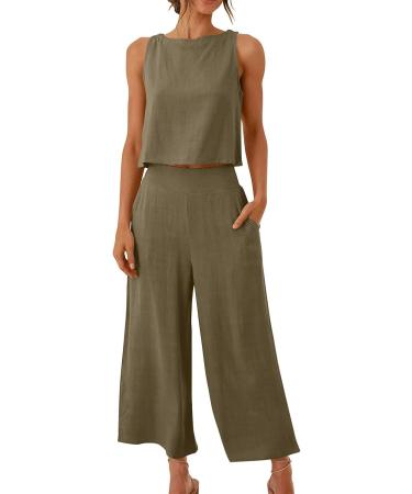 Women's Summer Two Piece Set - Sleeveless Crop Top and Capri Pants in Khaki - Size Medium - Buy Online on SooperMarket.com