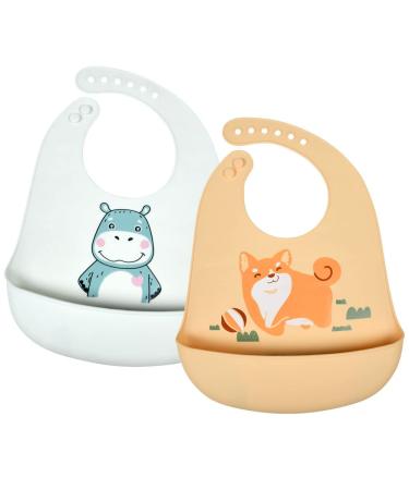 Vicloon Silicone Baby Bib 2PCS Baby Weaning Bibs Adjustable Waterproof Baby Feeding Bibs with Food Catcher Pocket Unisex Soft and Easily Wipe Clean for Infant Toddler Hippo & Puppy Yellow-Green